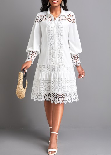 Modlily Patchwork White Lace Short Sleeve Dress - L