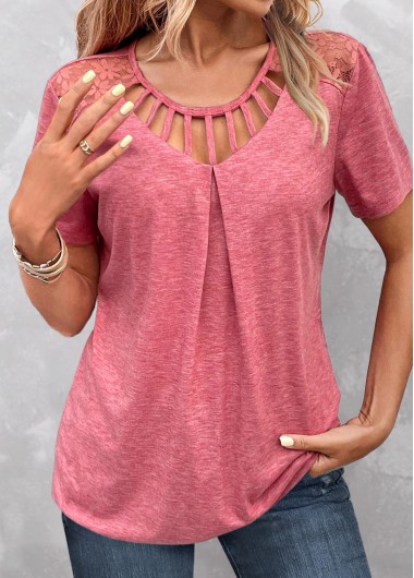 Modlily Peach Red Cage Neck Short Sleeve T Shirt - S