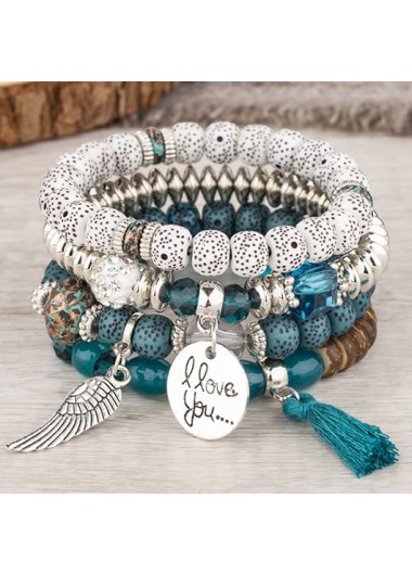 Modlily Peacock Blue Beaded Tassel Bracelet Set - One Size