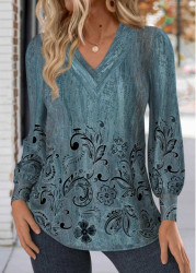 Modlily Peacock Blue Button Floral Print Long Sleeve T Shirt - S