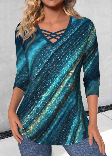 Modlily Peacock Blue Criss Cross Ombre Long Sleeve T Shirt - S