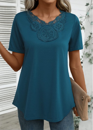 Modlily Peacock Blue Embroidery Short Sleeve V Neck T Shirt - L