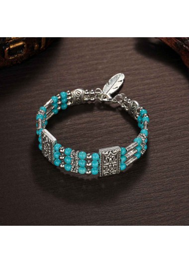 Modlily Peacock Blue Feather Beaded Alloy Bracelet - One Size