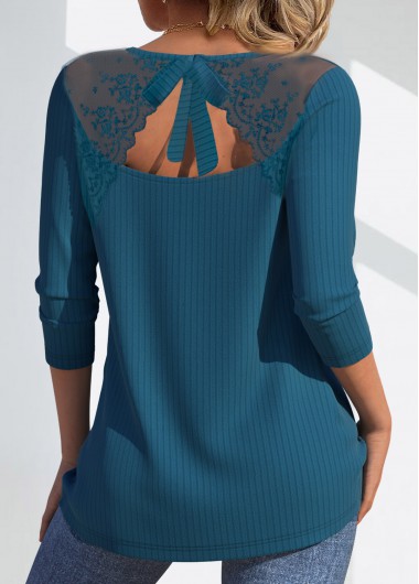 Modlily Peacock Blue Lace Long Sleeve V Neck T Shirt - M