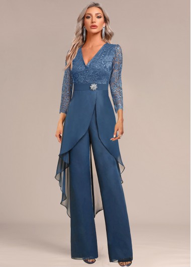 Modlily Peacock Blue Lace Long Three Quarter Length Sleeve Jumpsuit - S