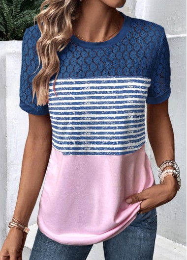 Modlily Peacock Blue Lace Striped Short Sleeve T Shirt - S