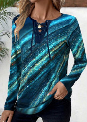 Modlily Peacock Blue Lace Up Ombre Long Sleeve T Shirt - S