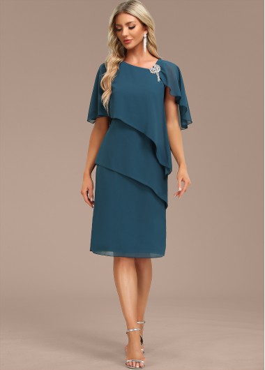 Modlily Peacock Blue Layered Cape Sleeve Asymmetrical Neck Shift Dress - S