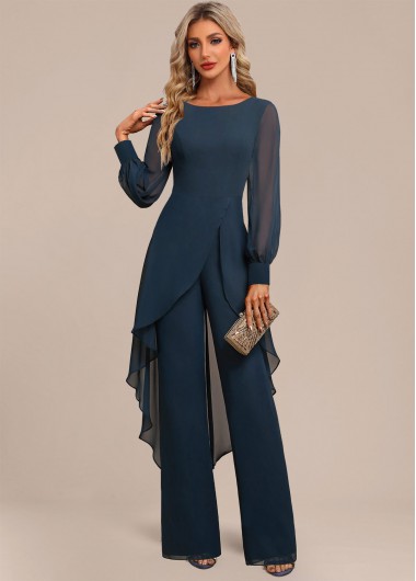 Modlily Peacock Blue Patchwork Long Scoop Neck Jumpsuit - S