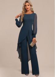 Modlily Peacock Blue Patchwork Long Scoop Neck Jumpsuit - S