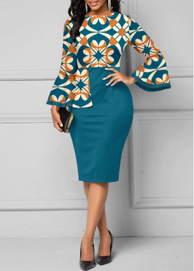 Modlily Peacock Blue Patchwork Tribal Print Long Sleeve Bodycon Dress - XXL