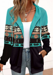 Modlily Peacock Blue Patchwork Tribal Print Long Sleeve Hoodie - S