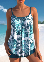 Modlily Peacock Blue Tie Front Tropical Print Tankini Set - M