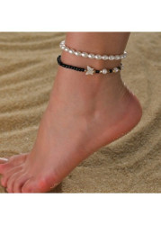 Modlily Pearl Black Butterfly Polyresin Anklets Set - One Size