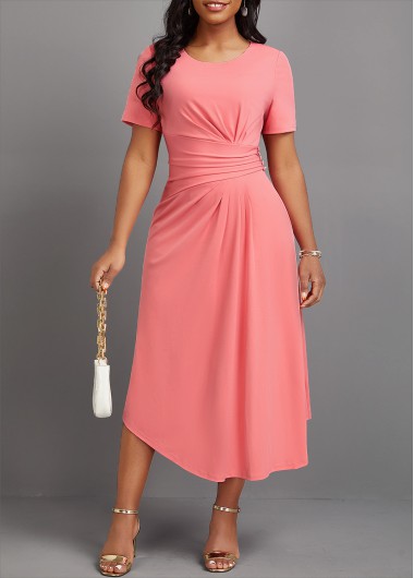 Modlily Pink Asymmetry Short Sleeve Round Neck Dress - M