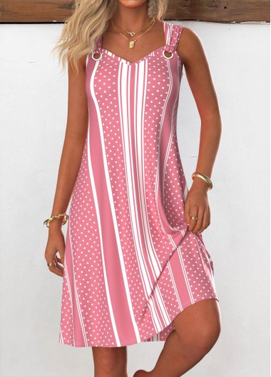 Modlily Pink Breathable Striped A Line Sleeveless V Neck Dress - S