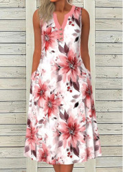 Modlily Pink Button Floral Print A Line Sleeveless Dress - S