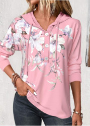 Modlily Pink Button Floral Print Long Sleeve Hoodie - S