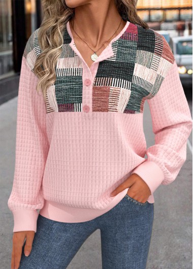 Modlily Pink Button Geometric Print Long Sleeve Sweatshirt - S