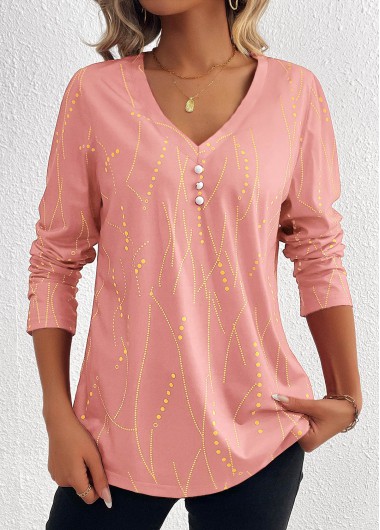 Modlily Pink Button Geometric Print Long Sleeve T Shirt - S