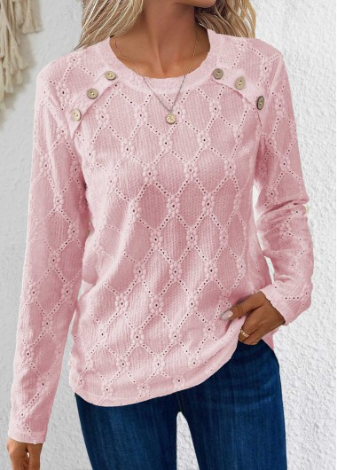 Modlily Pink Button Long Sleeve Round Neck T Shirt - S