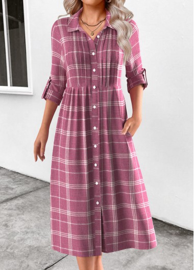 Modlily Pink Button Plaid Long Sleeve Shirt Collar Dress - M