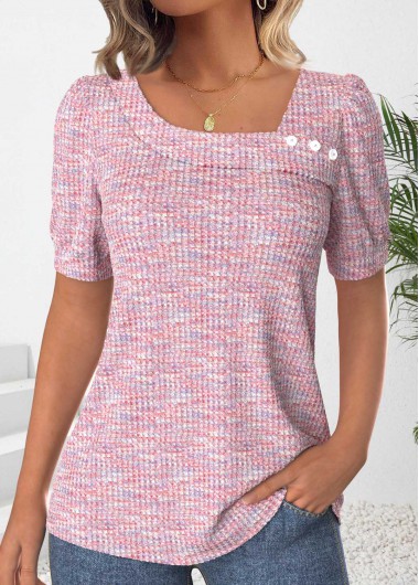 Modlily Pink Button Short Sleeve Asymmetrical Neck T Shirt - M