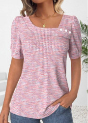 Modlily Pink Button Short Sleeve Asymmetrical Neck T Shirt - M