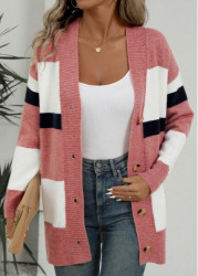 Modlily Pink Button Striped Long Sleeve Cardigan - S