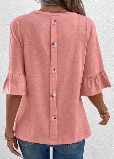 Modlily Pink Button Up Blouse Half Length Ruffled Sleeve T Shirt - S