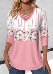 Modlily Pink Criss Cross Floral Print Long Sleeve T Shirt - S