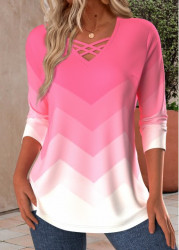 Modlily Pink Criss Cross Ombre Long Sleeve T Shirt - S