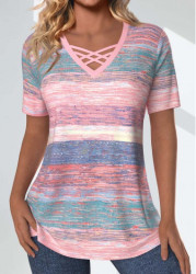 Modlily Pink Criss Cross Striped Short Sleeve T Shirt - S