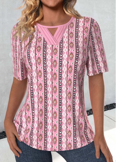 Modlily Pink Cut Out Tribal Print Short Sleeve T Shirt - M