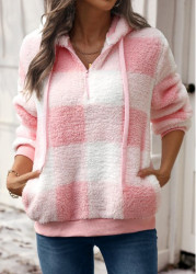 Modlily Pink Drawstring Plaid Long Sleeve Hoodie - M