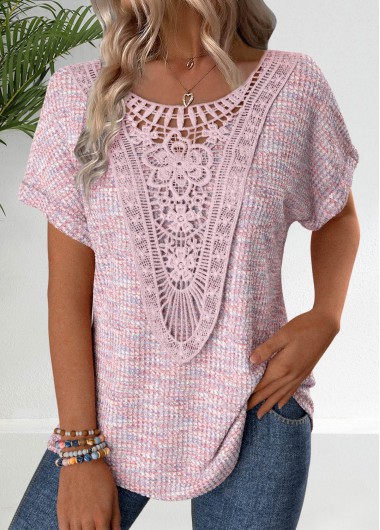 Modlily Pink Embroidery Short Sleeve V Neck T Shirt - S