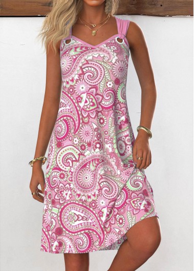 Modlily Pink Eyelet Tribal Print A Line Sleeveless Dress - S