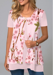 Modlily Pink Floral Print Short Sleeve Round Neck Blouse - M