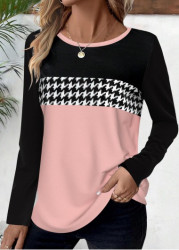 Modlily Pink Geometric Print Long Sleeve Round Neck T Shirt - S