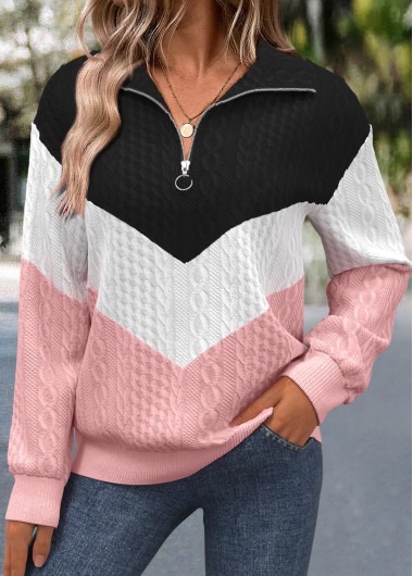 Modlily Pink Jacquard Long Sleeve Turn Down Collar Sweatshirt - S