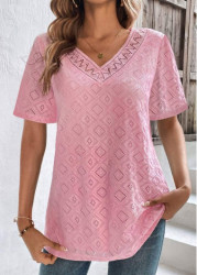 Modlily Pink Lace Half Sleeve V Neck T Shirt - S