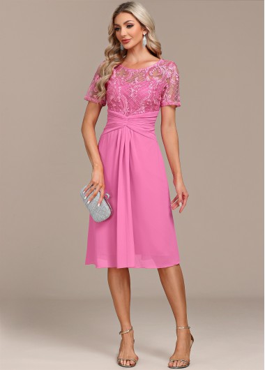 Modlily Pink Lace Patchwork Short Sleeve Dress - XL