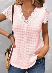 Modlily Pink Lace Short Sleeve V Neck T Shirt - S