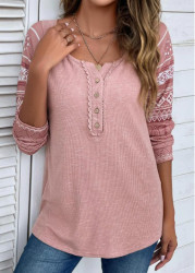 Modlily Pink Lace Tribal Print Long Sleeve T Shirt - S