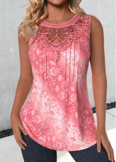 Modlily Pink Lace Tribal Print Sleeveless Round Neck Tank Top - S