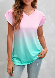 Modlily Pink Ombre Short Sleeve V Neck T Shirt - S