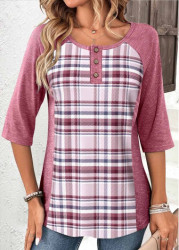 Modlily Pink Patchwork Button Plaid T Shirt - M