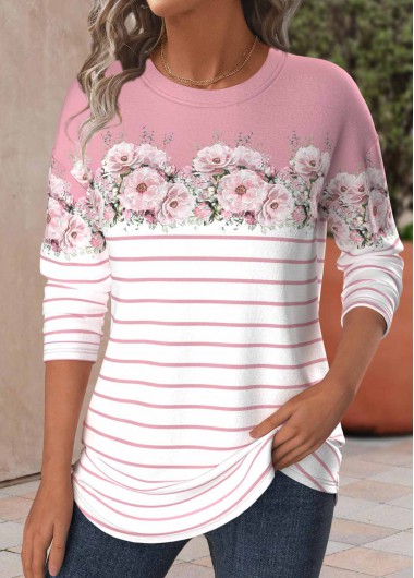 Modlily Pink Patchwork Floral Print Long Sleeve T Shirt - S