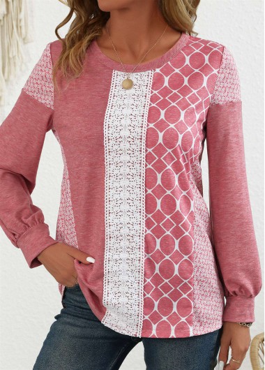 Modlily Pink Patchwork Geometric Print Long Sleeve Round Neck Sweatshirt - L