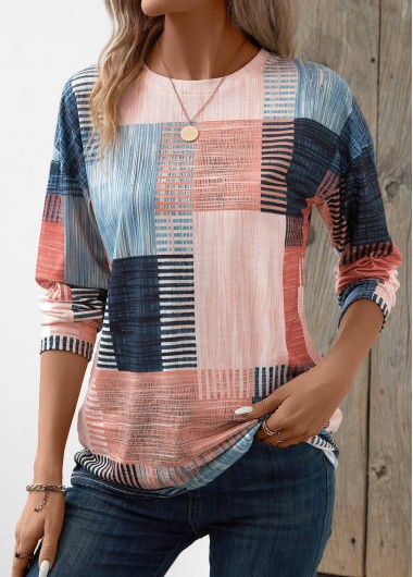 Modlily Pink Patchwork Geometric Print Long Sleeve T Shirt - S